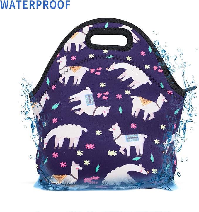Violet Mist Lunch Bag, Alpaca Pattern, Neoprene Material, 11.42"L x 10.43"H x 5.51"W, 8.7 inches deep, fits containers up to 7"L x 6"W, Machine Washable