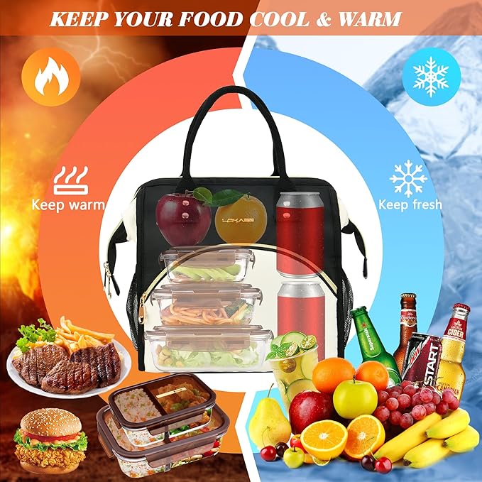 Personalized Lunch Box for Women, Initial Reusable Insulated Lunch Bag, Wide-Open Adult Lunchbox Cooler Lunchbag, Initial Leakproof Lunch Tote Bag for Picnic Work Outdoors Black and White - N