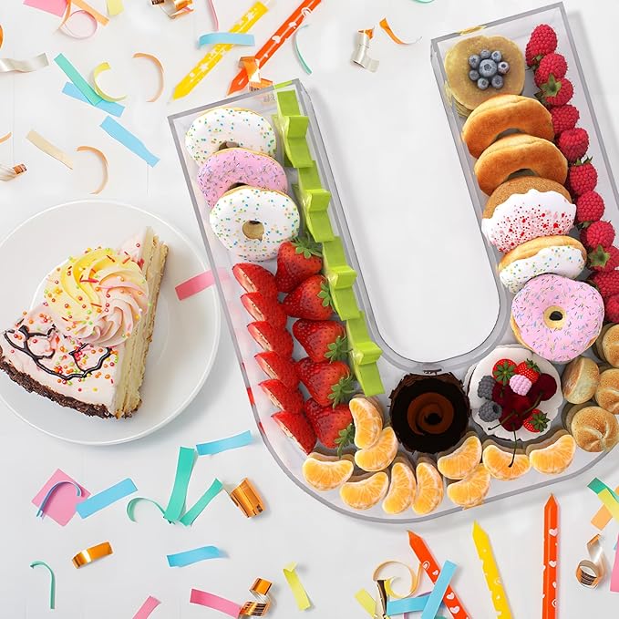 11" Acrylic Letter Charcuterie Box, Reusable Fillable Alphabet Number Shaped Form Tray for Birthday Anniversaries, Party Decorative Serving Plates Display Candy Cake (U)