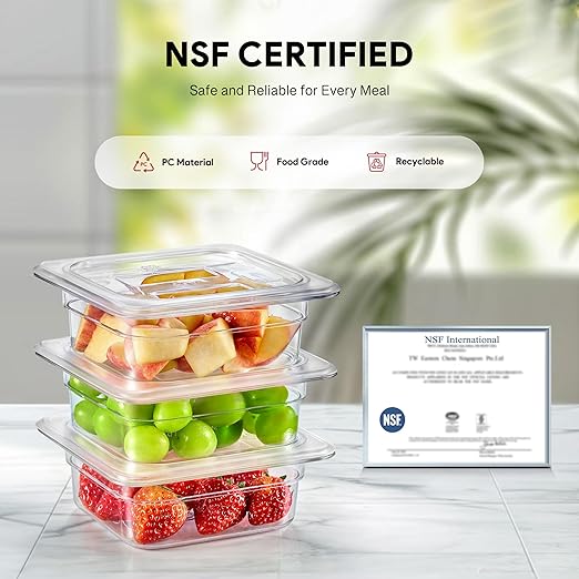 Wilprep 6 Pack Plastic Food Pans with Lids, 1/6 Size 2.5 in Deep Clear Food Storage Containers, 1.1 qt Stackable Polycarbonate Commercial Hotel Pans for Fruits Vegetables Beans Corns, NSF Listed