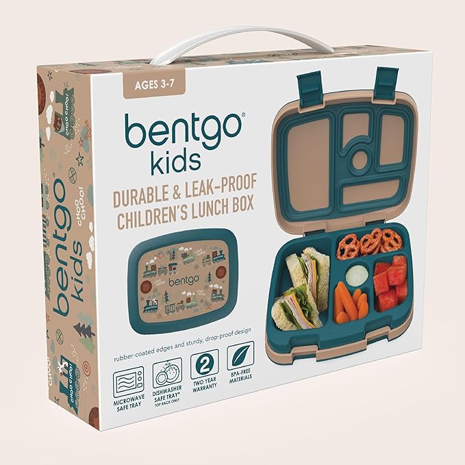 Bentgo Kids Prints Leak-Proof, 5-Compartment Bento-Style Kids Lunch Box - Ideal Portion Sizes for Ages 3-7, Durable, Drop-Proof, Dishwasher Safe, & PFAS & BPA-Free Materials (Trains)