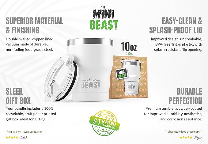 Beast 10 oz Tumbler Stainless Steel Vacuum Insulated Coffee Ice Cup Double Wall Travel Flask (Arctic White)