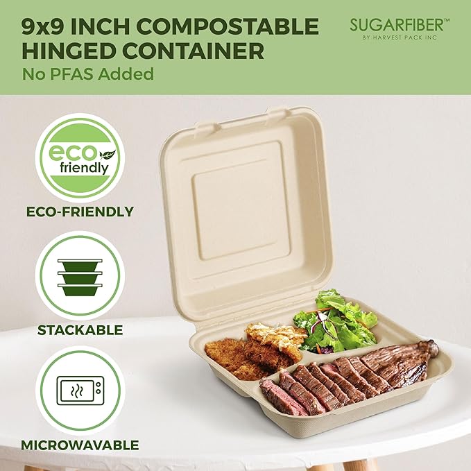 [200 COUNT]Sugarfiber by Harvest Pack PFAS FREE 9 X 9" 3 Compartment Compostable Clamshell Takeout Food Containers, Heavy-Duty Hinged, Disposable Bagasse Eco-Friendly Natural Sugarcane to go Box