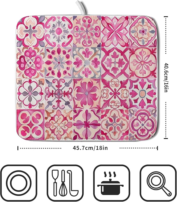 Pink Mexican Tiles Dish Drying Mat Absorbent Microfiber Dish Drying Pad for Kitchen Multi-use Large