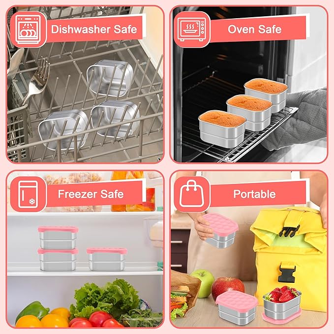 TeamFar 3 PCS Stainless Steel Snack Containers, 8oz /230ml Food Container with Silicone Lid for Kids Children, Metal Toddler Lunch Bento Box, Healthy & Lightweight, Leak-proof & Portable, Pink