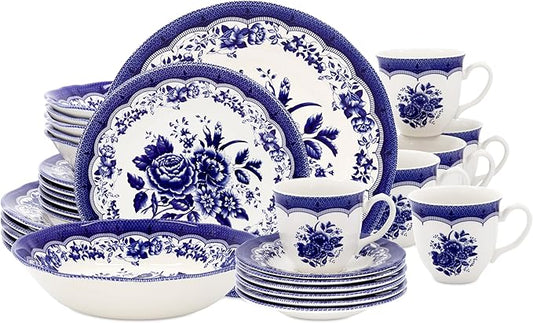 Tudor Royal 30-Piece Porcelain Round Dinnerware Set, Service for 6, Victoria Blue Design, Blue Floral, Plates Bowls Mugs Dishes Saucers, Glossy, Premium Quality Tableware, Unique Pattern