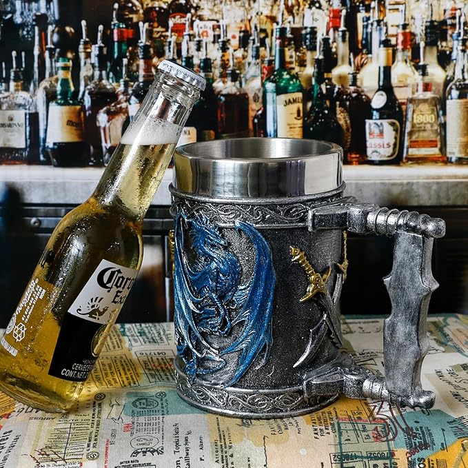 alikiki Medieval Large Beer Tankard Blue Dragon DnD Game Mug of Throne Stainless Coffee Cup Dungeons and Dragons Gifts for Men Women Dragon Collector Themed Party Decorations 21oz
