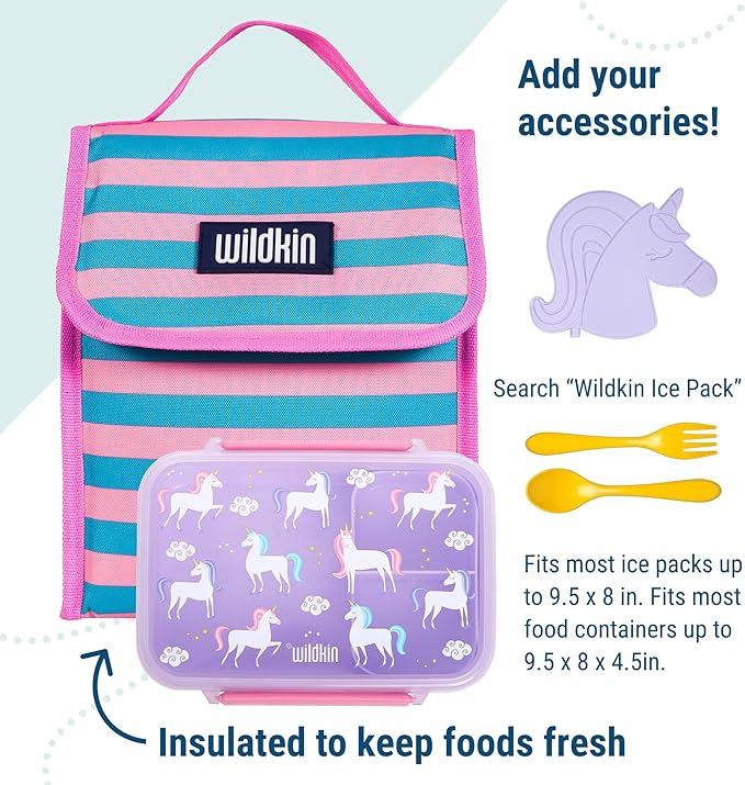Wildkin Kids Insulated Lunch Bag – Reusable, Ideal for Hot/Cold Snacks, School & Travel - Pink Stripes