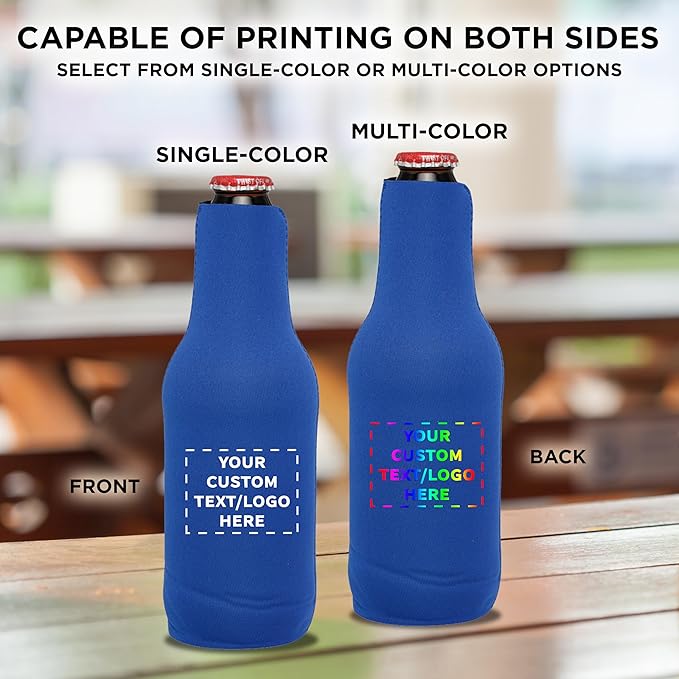 50 Neoprene Zippered Beer Bottle Coolies Pack - Customizable Text, Logo - Sharkskin Rubber Bottom - Royal Blue