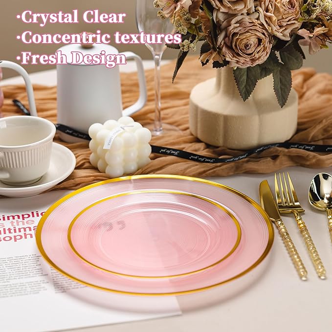 120PCS Pink Plastic Plates with Gold Rim, Heavy Duty Disposable Plate, Fancy and Elegant Circular Ribbed 60 Dinner and Dessert Plates for Party, Weddings