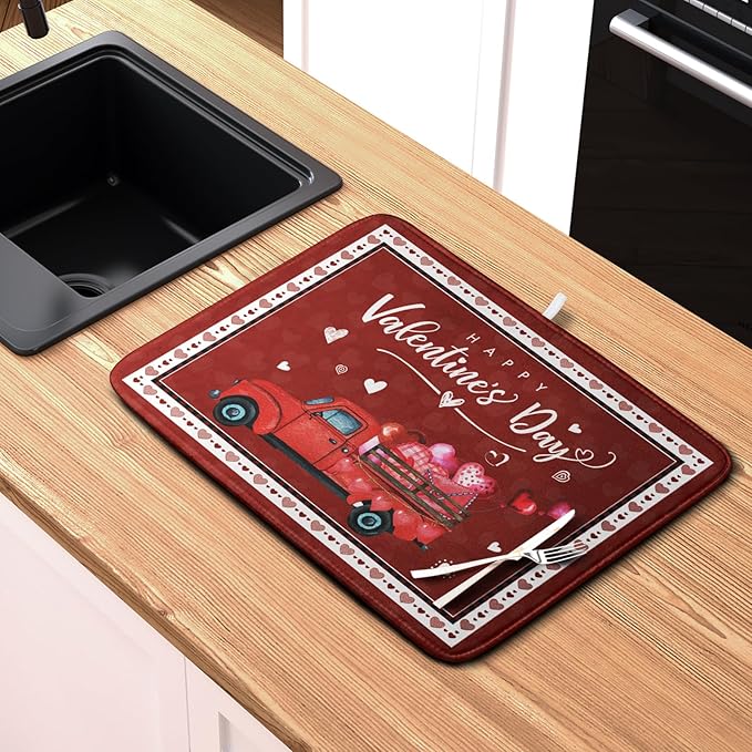 Valentine Red Truck Love Heart Dish Drying Mat 16x18 Inch Happy Valentine's Day Drying Mat for Kitchen Counter Microfiber Dish Drainer Mats Absorbent Dish Rack Pad for Home Coffee Bar Sinks