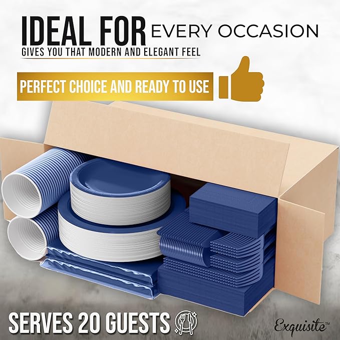 222 Pcs Dark Blue Paper Plates and Napkins Sets, Disposable Plates For Party, Lunch & Cocktail Napkins Paper, 18oz Plastic Cups, Cutlery and Dark Blue Table cloth Plastic Dinnerware Set