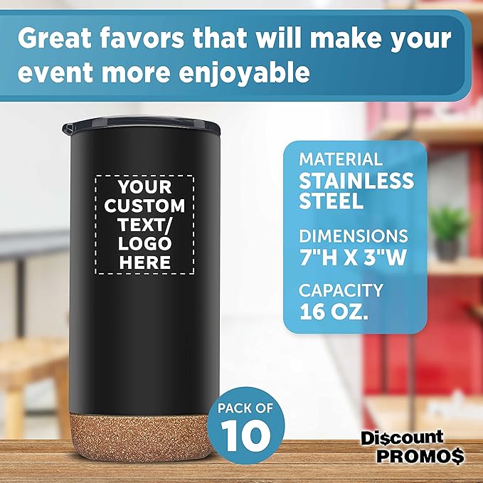 Custom Travel Tumblers with Cork Bottom 16 oz. Set of 10, Personalized Bulk Pack - Double Wall Insulated, Matte Finish, Perfect for Iced Coffee, Soda, Other Beverages - Black
