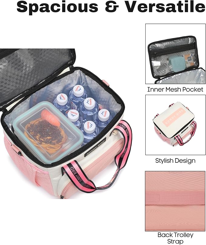 SUNNY BIRD 12L Large Insulated Lunch Bag, Leakproof and Foldable Lunch Cooler Box for Women Adult and Men, Fits 18 Cans (White and pink)
