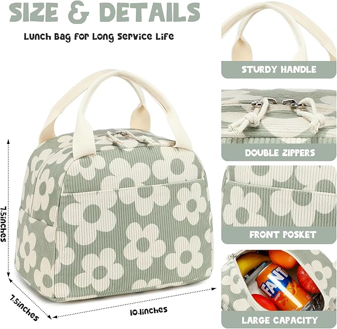 Bluboon Lunch Bag for Women Men Cute Corduroy Lunch Tote Bags Reusable Insulated Lunch Box Large Capacity Reusable Insulated Cooler for Work Picnic or Travel