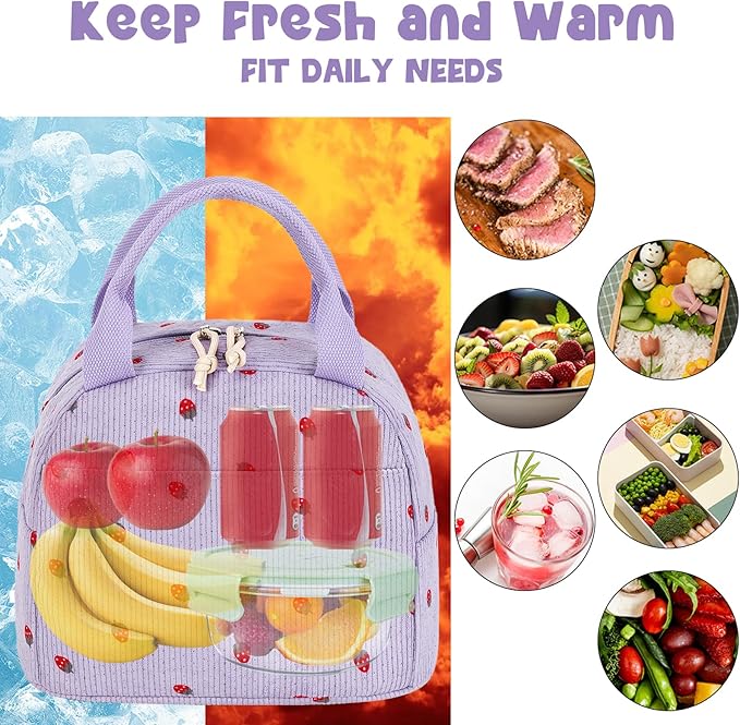 Bluboon Lunch Bag for Women Men Cute Corduroy Lunch Tote Bags Reusable Insulated Lunch Box Large Capacity Reusable Insulated Cooler for Work Picnic or Travel (Corduroy strawberry purple)