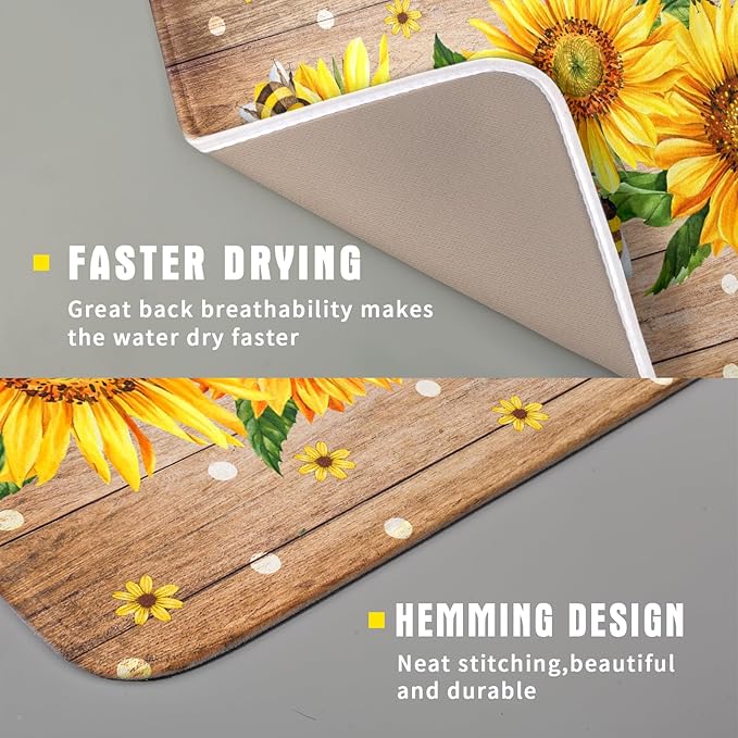 Sunflower Bee Dish Drying Mat for Kitchen Counter Home 16x18 Inch Wood Barn Microfiber Drainer Rack Mats Washable Absorbent Dish Dry Pad