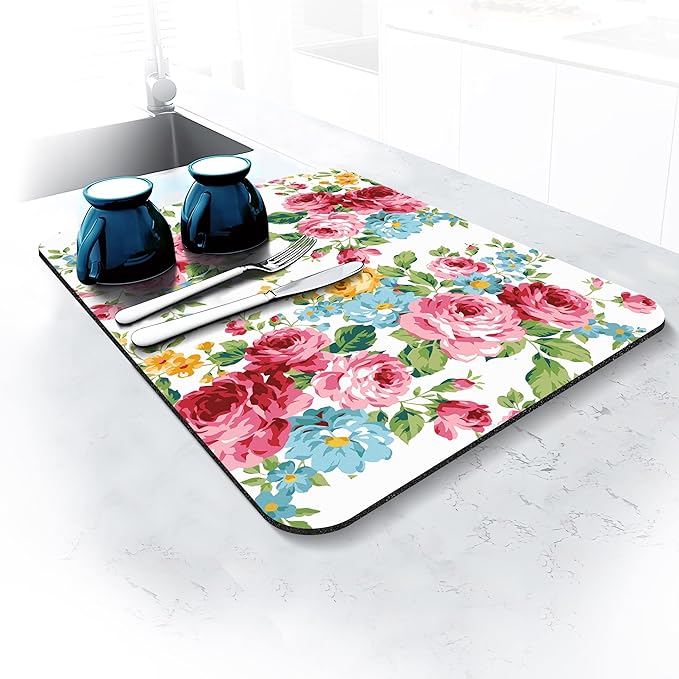 Rubber Dish Drying Mat for Kitchen Counter Large Pink Red Roses Floral Washable Quick Home Coffee Pad Fit Under Sink,Bar,Utensils 16x18in