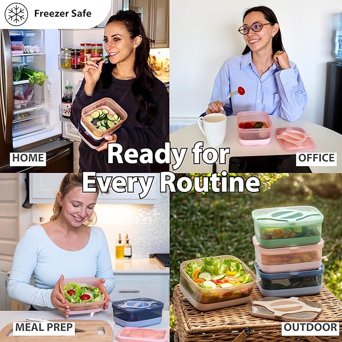 Bento Box 25.5oz 3 Cups Leakproof Salad and Meal Prep Container Twistlock Lid Reusable BPA-Free Portable Microwave and Dishwasher Safe for Work Lunch Blue