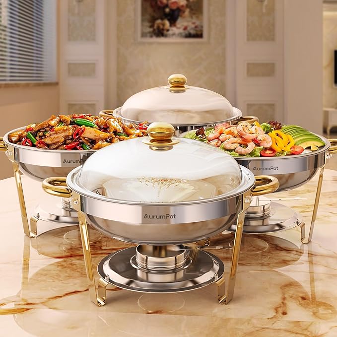 Chafing Dishes for Buffet 4 Pack, 5QT Food Warmers for Parties Buffet, Christmas Gatherings [Gold and Silver Colors High Roof] Stainless Steel Round Chafing Dish Buffet Set,Buffet Servers and Warmers