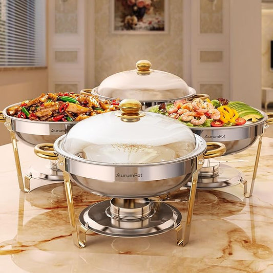 Chafing Dishes for Buffet 4 Pack, 5QT Food Warmers for Parties Buffet, Christmas Gatherings [Gold and Silver Colors High Roof] Stainless Steel Round Chafing Dish Buffet Set,Buffet Servers and Warmers