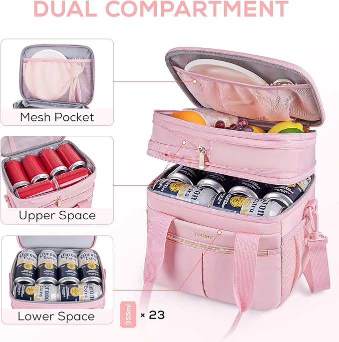TOURIT Insulated Lunch Box Bag, Double Deck Leakproof Cooler Tote for Work Office Picnic, Expandable Lunch Container, Pink