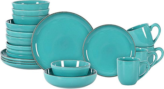 Stoneware Euro-Nordic 20pc Dinnerware Set, Shiny Turquoise Glaze with Speckle Effect