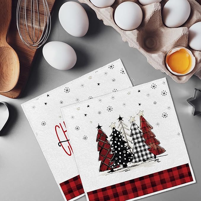 Artoid Mode Red Black Buffalo Plaid Snowman Xmas Trees Christmas Kitchen Towels Dish Towels, 10x10 Inch Daily Seasonal Winter Decoration Hand Towels Set of 4