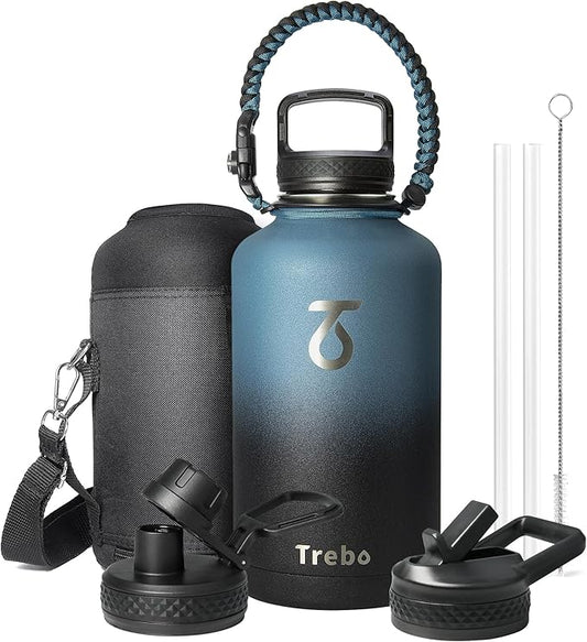Trebo Water Bottle 64oz with Paracord Handle, Half Gallon Large Vacuum Double Wall Stainless Steel Insulated Water Jug with Holder Strap Straw Spout Lids, Leakproof Keep Cold & Hot, Indigo/Black