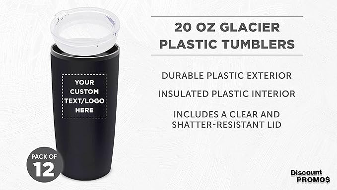 Custom Plastic Tumblers 20 oz. Set of 12, Personalized Bulk Pack - With lids, Ice Coffee Tumbler, To Go Cup, Insulated - Black