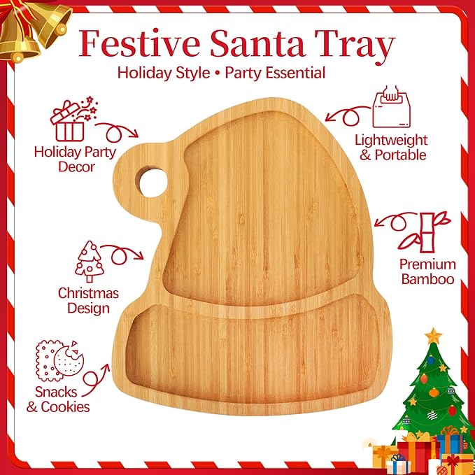 TJ POP Christmas Bamboo Serving Tray – Santa Hat Shape – Festive Wooden Snack Platter for Holiday Cookies & Treats – Christmas Kitchen & Party Decor