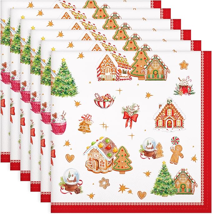 Christmas Napkins, 18×18 Inch Gingerbread Christmas Tree Dinner Cloth Napkins Set of 4, Washable Cotton Soft Absorbent Square Napkins for Dining Kitchen Party Wedding Decoration