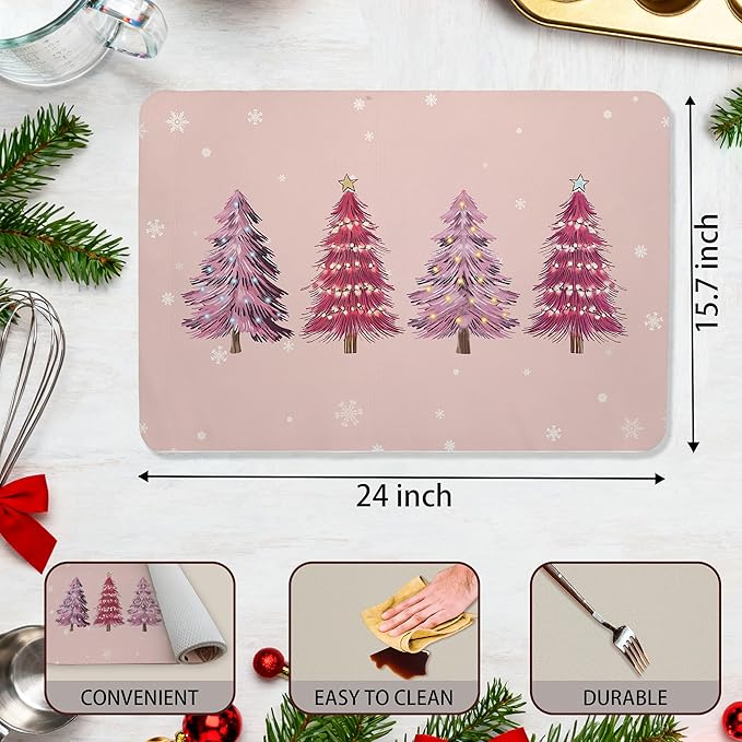 Pink Christmas Tree Dish Drying Mat, Winter Snowflake Xmas Tree Coffee Bar Mat for Countertops, Preppy Christmas Absorbent Dish Drying Mats for Kitchen Counter Coffee Maker, 16x24 Inch