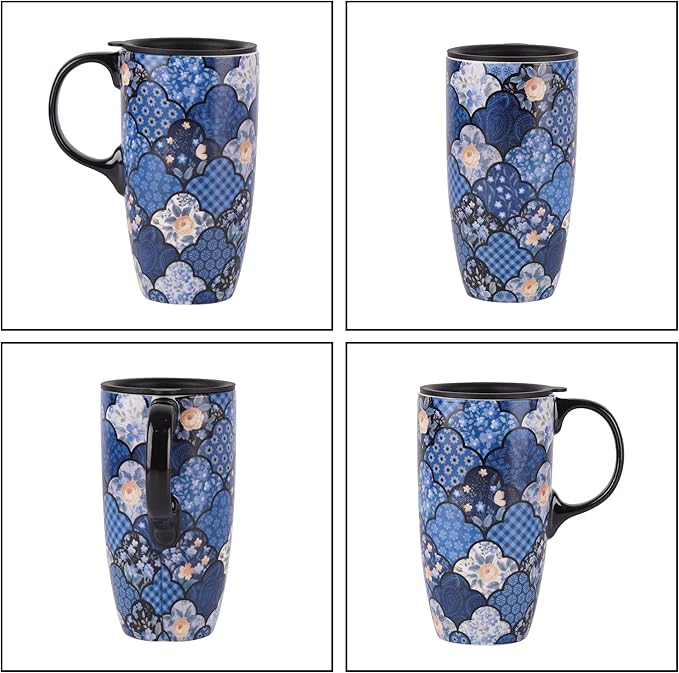 Topadorn Ceramic Mug Coffee Cup with Spill-Proof Lid Latte Mug for Home and Office with Gift Box,Blue
