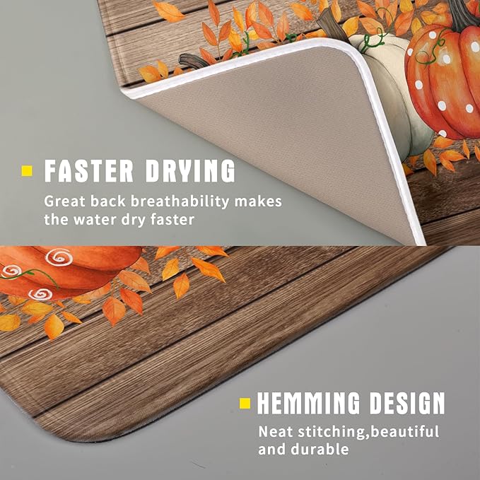 Autumn Pumpkin Dish Drying Mat Rustic Wood Dish Drainer Mats Fast Dry Microfiber Reversible Dish Drying Pad Kitchen Decoration 16x18 inch