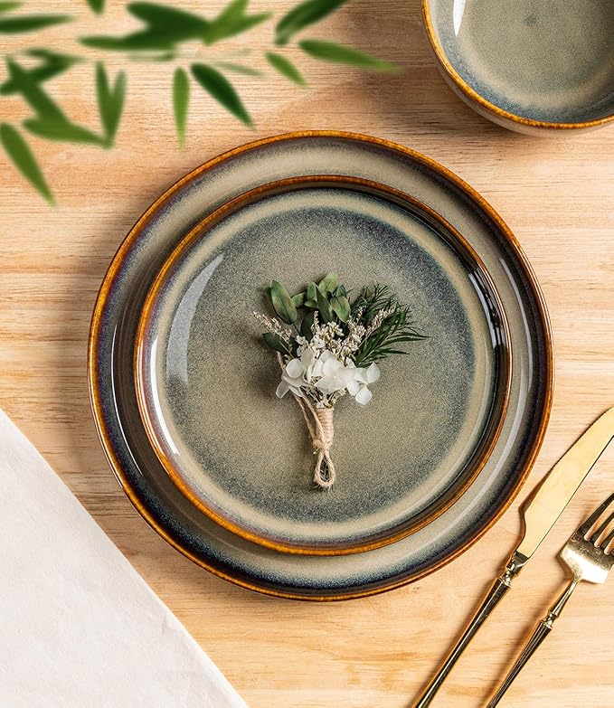 TheTerra Ceramic Dinnerware Sets for 4, 12 Pieces Porcelain Lightweight Plates and Bowls Sets, Scratch Resistant Dish Set, Oven & Microwave & Dishwasher Safe, Coffee Bean