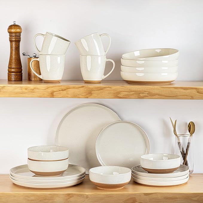 AmorArc Ceramic Dinnerware Sets with Pasta Bowls for 4, Handpainted Plates and Bowls Set with Rustic Terracotta Underside, Scratch Resistant Dishes Set, Dishwasher & Microwave Safe, 16 Pcs