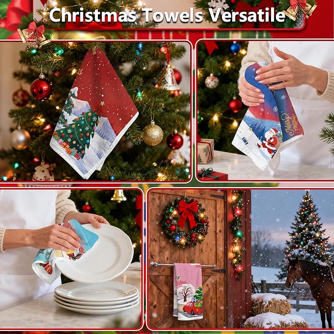 Christmas Kitchen Towels Xmas Hand Towel Decorative - Tea Towel Winter Snowy Decor Towel Absorbent Sets with Hanging Loop for Dish Holiday Garden Farmhouse Bathroom, 6 Pcs