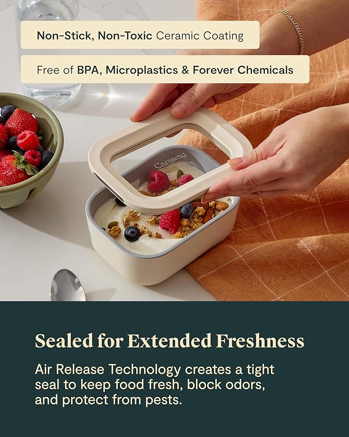 Caraway 2pc Glass Food Storage Set - 2.6 Cup Food Containers (2) - Non-Toxic Ceramic-Coated Glass - Air Release Technology - Compact & Stackable Design - Navy