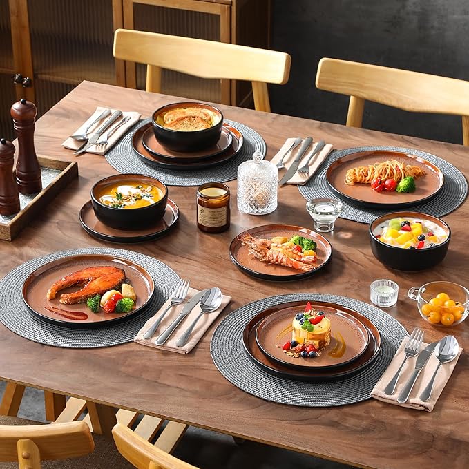 vancasso Plates and Bowls Sets, 24 Pieces Stoneware Dinnerware Sets for 8, Kitchen Dish Set Mircowave and Dishwasher Safe Dinner Set Ceramic Dishware, Brown, Series AMBER