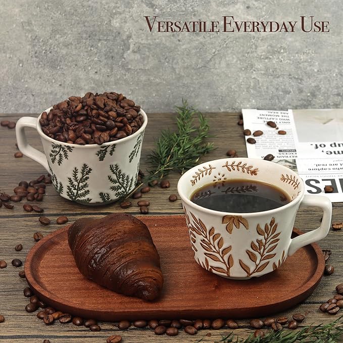 Ceramic Coffee Mug, 12 oz Novelty Unique Teacup with Large Handle, Stoneware Cup for Tea Mocha Latte Cappuccino Espresso (Set of 2, Ivy and Leaf)