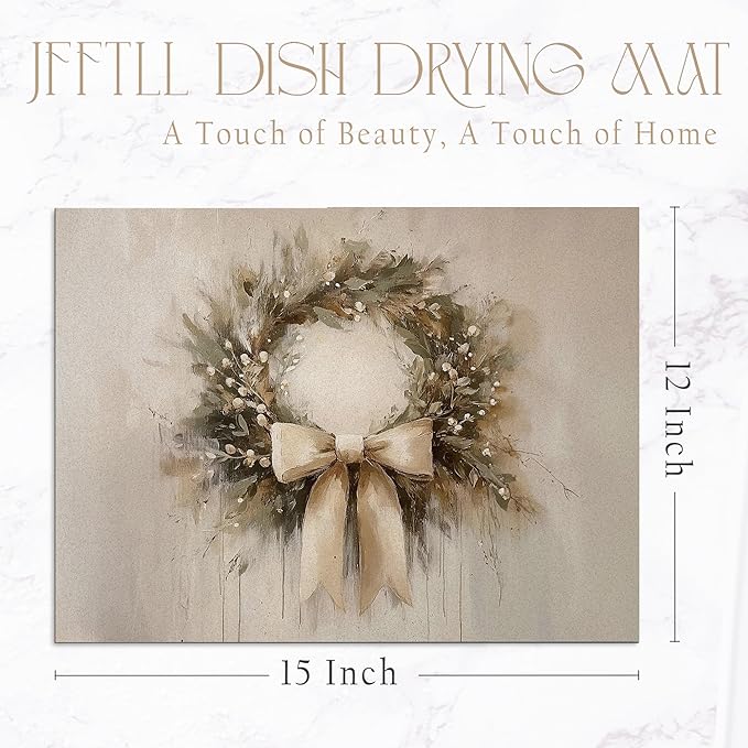 Christmas Wreath Dish Drying Mat, Vintage Winter Xmas Holiday Absorbent Dish Drainer Reusable Washable Drying Mat Pad for Kitchen Counter, Farmhouse Christmas Decor, 12×15 Inch