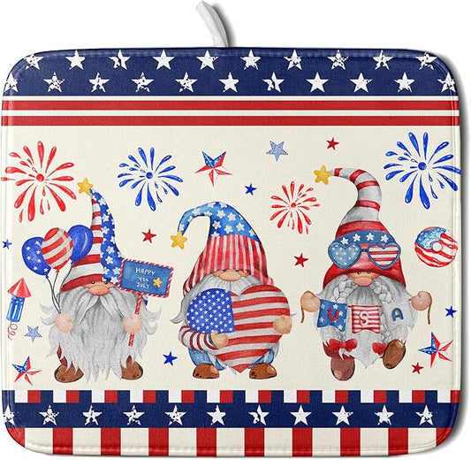 American Gnomes Dish Drying Mat 16x18 for Kitchen Counter, Patriotic Independence Day Decor, Happy 4th of July Microfiber Dishes Drainer Mats Absorbent Foldable Holiday Decor