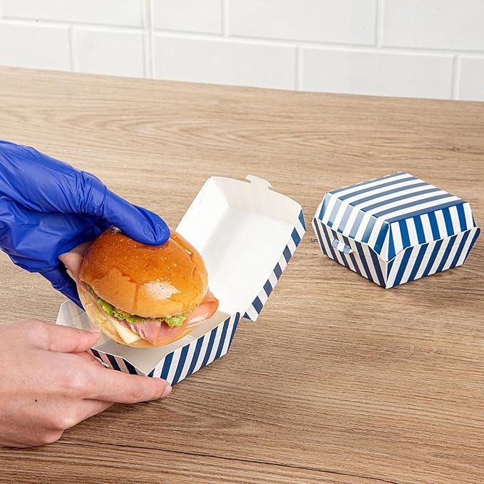 Restaurantware 2.8 x 2.8 x 2 Inch Mini Burger Boxes 100 Clamshell Food Containers - Hinged Lid Striped Blue And White Paper Take Out Boxes Serve Sliders Or Finger Foods