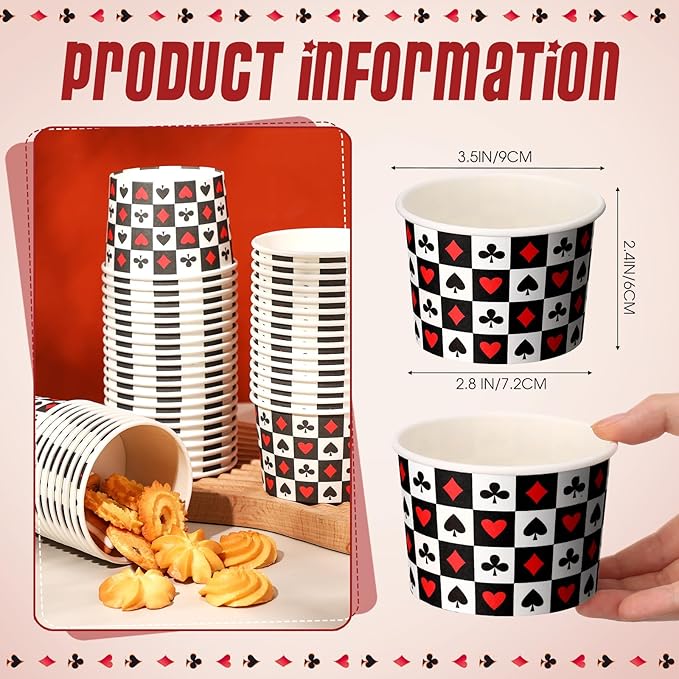 50 Pack Casino Ice Cream Cups 9 oz Poker Disposable Dessert Bowls Paper Soup Bowls Playing Card Snack Cups for Hot or Cold Food for Las Vegas Game Night Casino Birthday Party Supplies