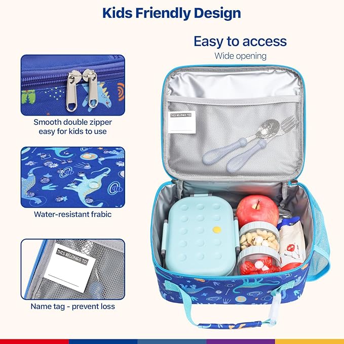 Bagseri Kids Lunch Bag Boys - Insulated Lunch Bag Reusable Leak-Proof Kids Lunch Box for Daycare and School, Blue Space Dinosaur (Water Bottle Not Included)