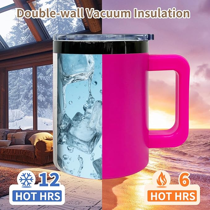 10 oz Tumbler with Handle and Straw Stainless Steel Insulated Coffee Mug for Laser Graving 20oz Powder Coated Cup with Black Plated(Rosy,1 pack)