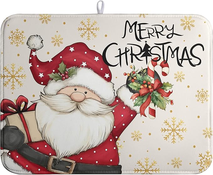 Christmas Santa Themed Dish Drying Mat Winter 18x24 Inch Large Size Drying Pad for Kitchen Counter Snowflake Dish Dry Mats Microfiber Absorbent Kitchen Decor Merry Christmas Coffee Bar Pad
