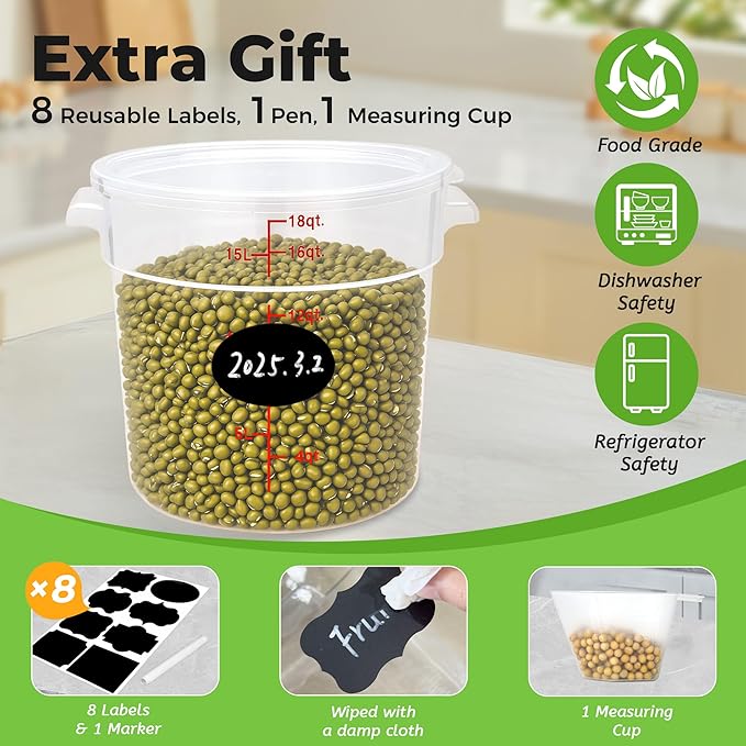 4 Pack Round Food Storage Containers with Lids, 18Qt Large Translucent, Polypropylene, BPA Free, Includes Labels & Measuring Cups