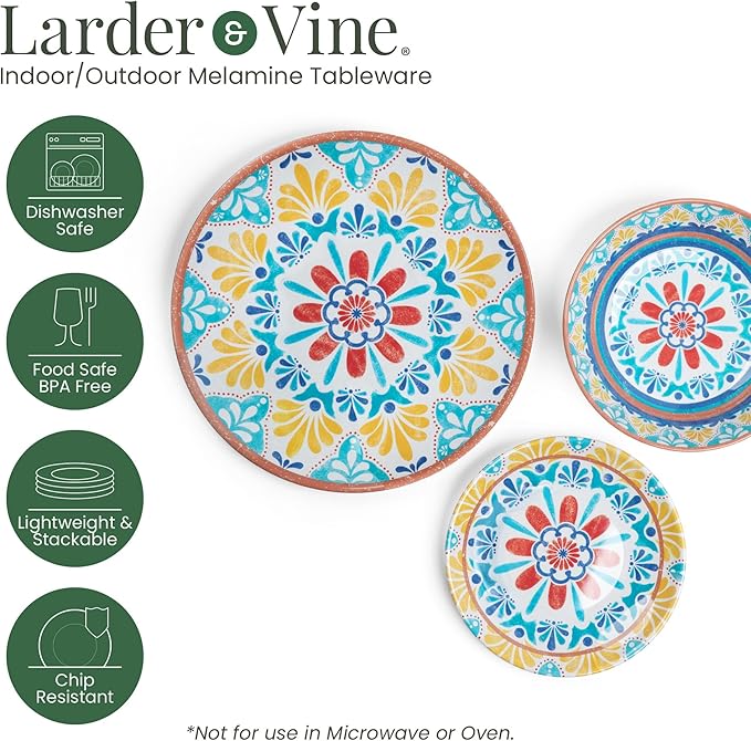 Larder & Vine 12-Piece Melamine Dinnerware Set: Durable, Lightweight, Break-Resistant Plates & Bowls – Stylish, Non-Toxic, Dishwasher Safe – Ideal for Everyday Use, Indoor & Outdoor Dining – Southwest